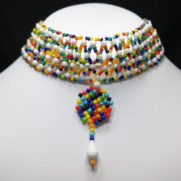 Hong Kong Hand Made Small Beaded Collar Necklace, Boho Seed Beads, 14 1/2 Inches - Picture 5 of 10